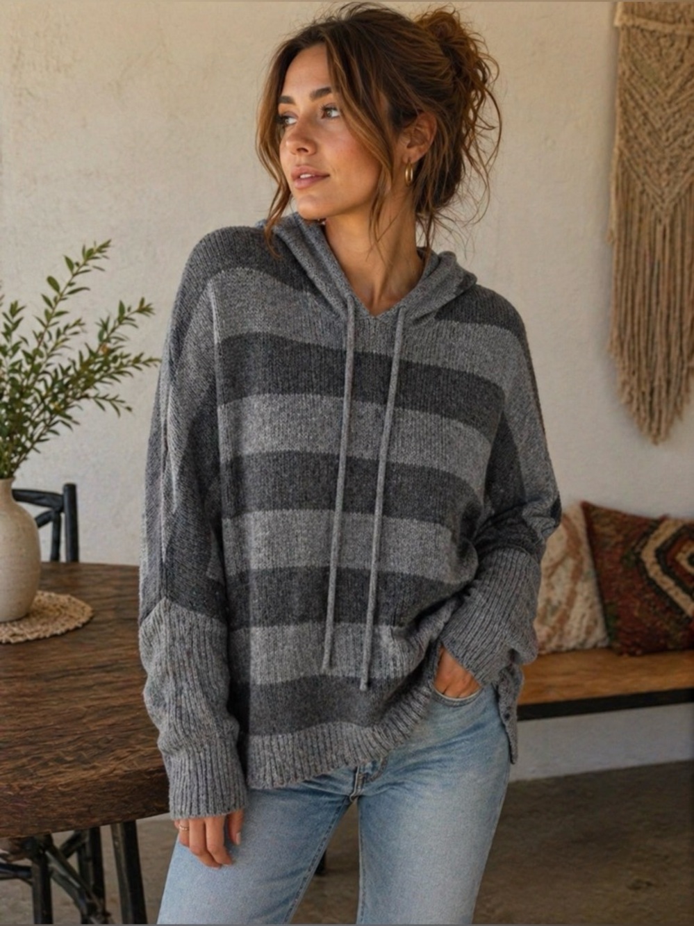 Sweet Romeo Charcoal and Light Gray Striped Men's Sweater